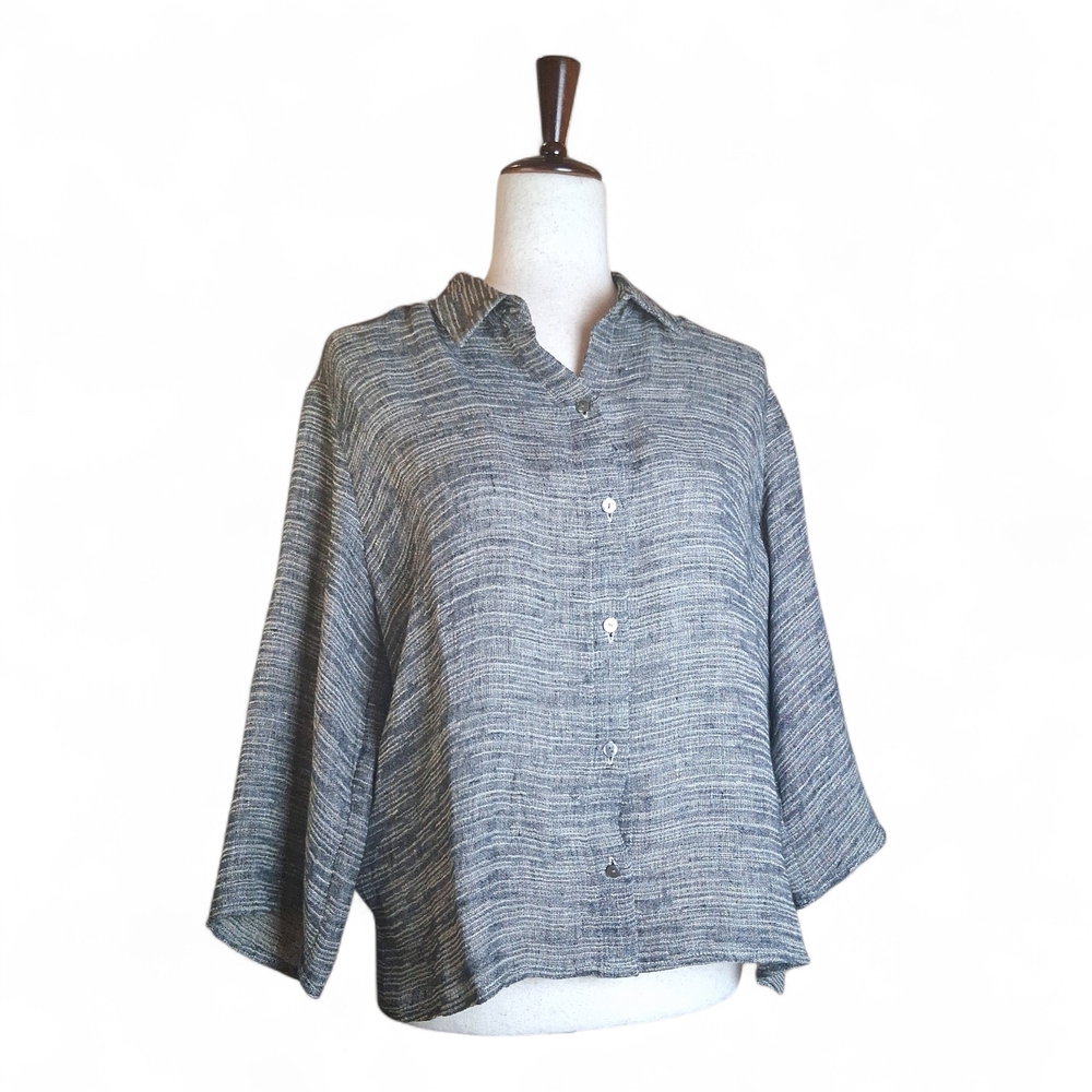 Eileen Fisher Wmn Linen Blend Jacquard Woven Blacknatural Button-Down Shirt S/P
